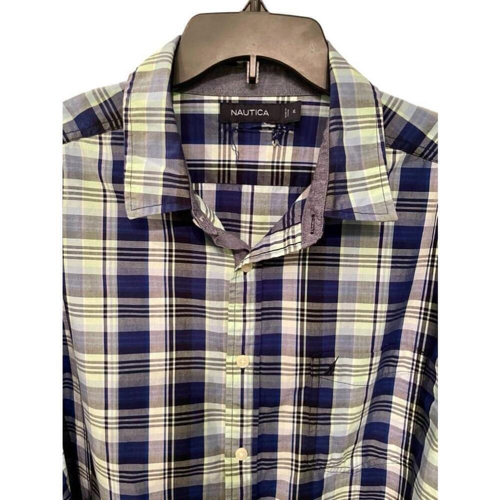 Men's Nautica XL Blue and Green long sleeve Plaid Button Down Cotton Shirt